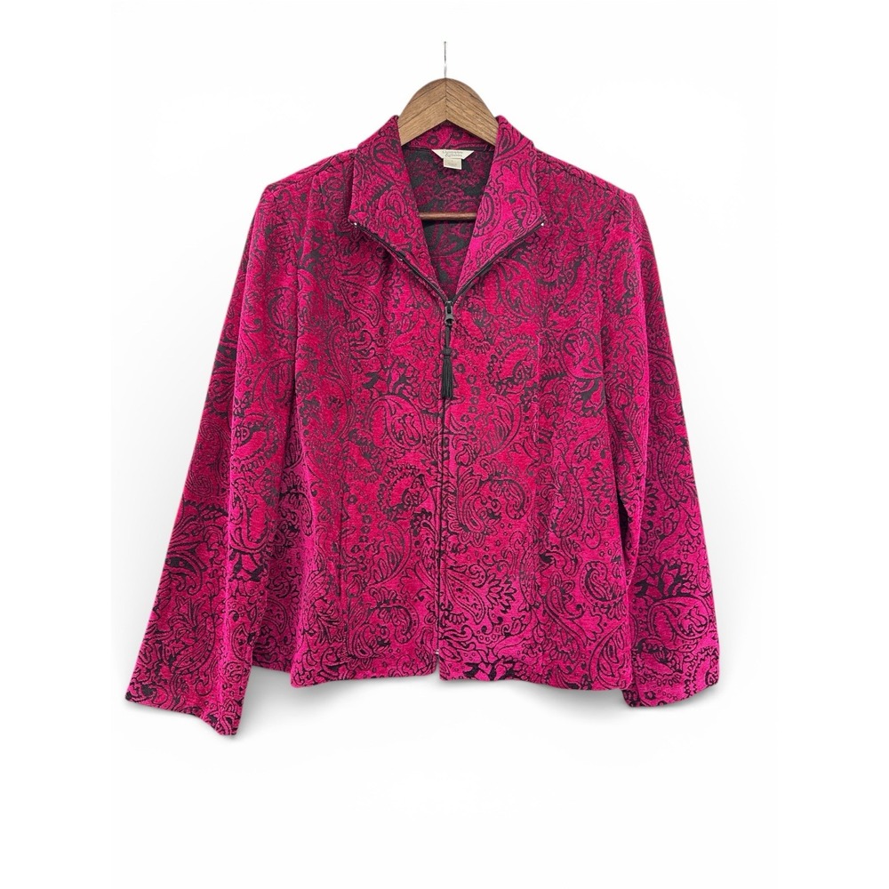 Christopher & Banks Textured Jacquard Zip Jacket L Fuchsia Pink Tassle Zip Front